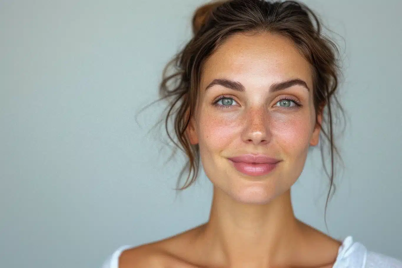 woman relaxed refreshed frown lines Smiling woman with clear skin and natural makeup against gray background